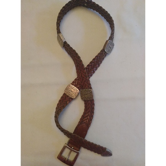 Ann Taylor Accessories - Ann Taylor Brown Leather Braided Belt, Decorative Metal Accents Size L Vintage